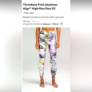 Lululemon throwback Align 25” leggings  size 10